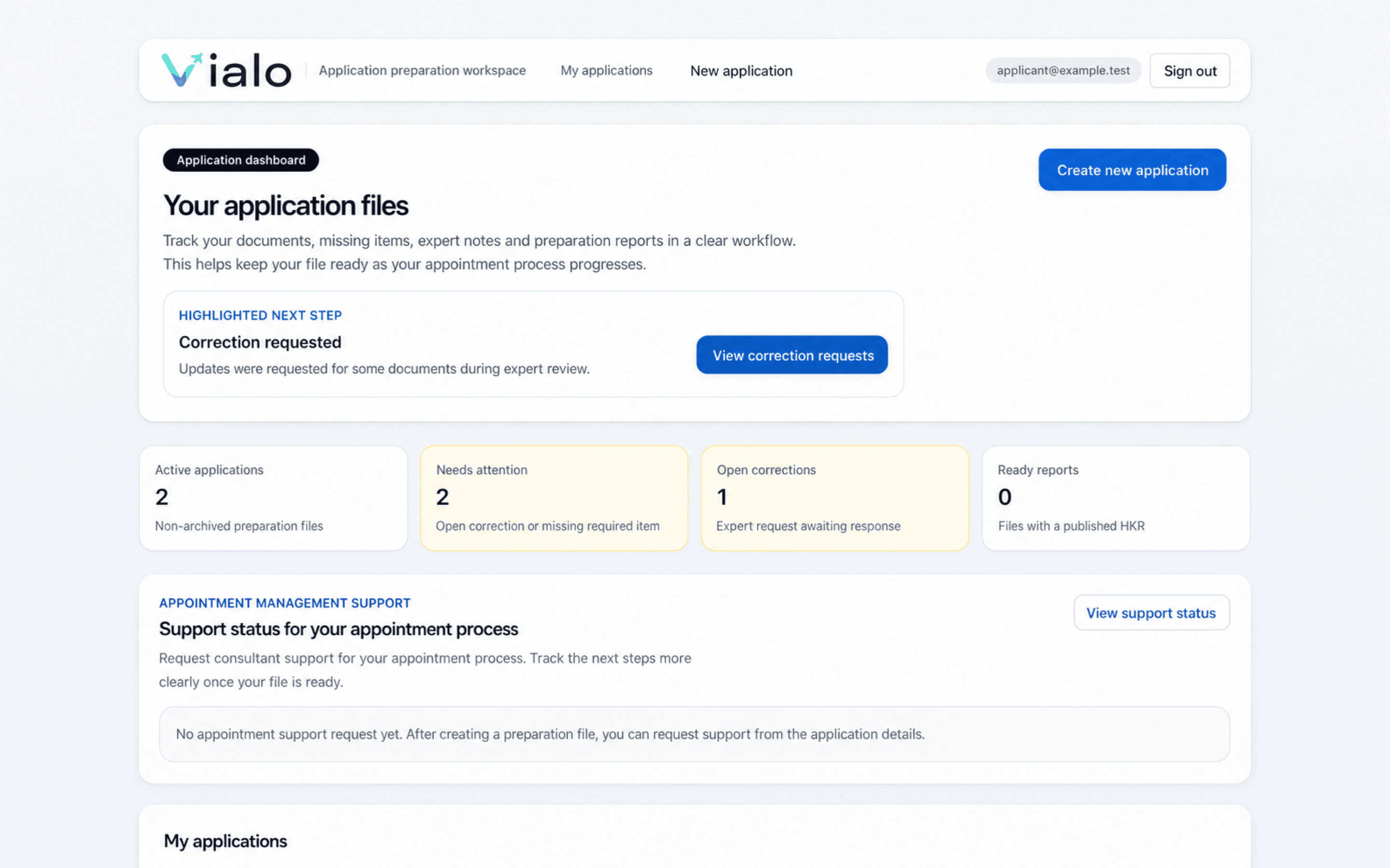 Vialo applicant dashboard showing the next step, active files, open corrections and reports